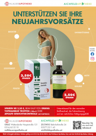 <strong>Aktion: Abnehmen leicht gemacht</strong><br /><br />
Stehen Abnehmen und Entschlacken auf Ihren Neujahrsvorsätzen? GRANA Topinamburtropfen und ApoLife Gewichtskontrolle unterstützen den normalen Stoffwechsel, die Fettverdauung und ein natürliches Sättigungsgefühl. Damit begleiten sie Sie sanft bei Ihren Neujahrsvorsätzen und einem bewussteren Lebensstil.<br />
Beim Kauf der GRANA Topinamburtropfen (100 ml) oder ApoLife Gewichtskontrolle (60 Kapseln) sparen Sie jetzt 2,50 €. Machen Sie es sich leicht!<br />
Gerne beraten wir Sie persönlich in unserer Apotheke.<br />
<br /><br />
Aktion gültig bis 28.02.2026