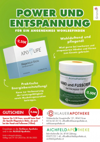 <strong>Aktion: "Power und Entspannung"</strong><br /><br />
Fühlen Sie sich doppelt wohl und sparen Sie jetzt 2,50 Euro! Wir haben für Sie sowohl die ApoLife Magnesium Sticks als auch unsere Hand und Fusscreme aus der Rothlauer-Aromatherapie-Serie in Aktion. Mit den handlich, kleinen Magnesium Sticks, sind sie im Handumdrehen schnell mit Energie versorgt. Die Hand und Fusscreme wird von unseren Kund:innen zu jeder Jahreszeit gerne gekauft, denn sie pflegt trockene und strapazierte Hände und Füße und - sie duftet herrlich. Nutzen Sie die Chance - für ein angenehmes Wohlbefinden!<br />
<br /><br />
Aktion gültig vom 01.05. bis 30.06.2023