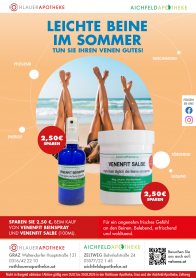 <strong>Schwere Beine an heißen Tagen?</strong><br /><br />
Venenfit Beinspray und Venenfit Salbe aus der Aromatherapie-Serie der Rothlauer Apotheke sorgen für ein angenehm frisches und belebtes Beingefühl – ideal bei Hitze, langem Stehen oder Sitzen. Hochwertige ätherische Öle verwöhnen zusätzlich mit ihrem angenehmen Duft und schaffen ein rundum wohltuendes Gefühl.<br />
<br />Jetzt jeweils 2,50 € sparen!<br />
<br />Aktion gültig bis 31. August 2026.<br />
<br />