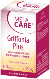 <strong>NEU: Griffonia Plus</strong><br /><br />
Für mehr Ausgeglichenheit und Wohlbefinden in der dunkleren Jahreszeit: META-CARE® Griffonia Plus mit Rosenwurz und afrikanischer Schwarzbohne. Die Kombination liefert wertvolle Pflanzenstoffe wie 5-HTP, eine natürliche Vorstufe des „Glückshormons“ Serotonin, und unterstützt so seelisches Gleichgewicht und mentale Stärke – besonders in stressreichen Zeiten. Wenn Sie mehr über dieses Produkt und seine natürlichen Inhaltsstoffe erfahren möchten – wir beraten Sie gerne!